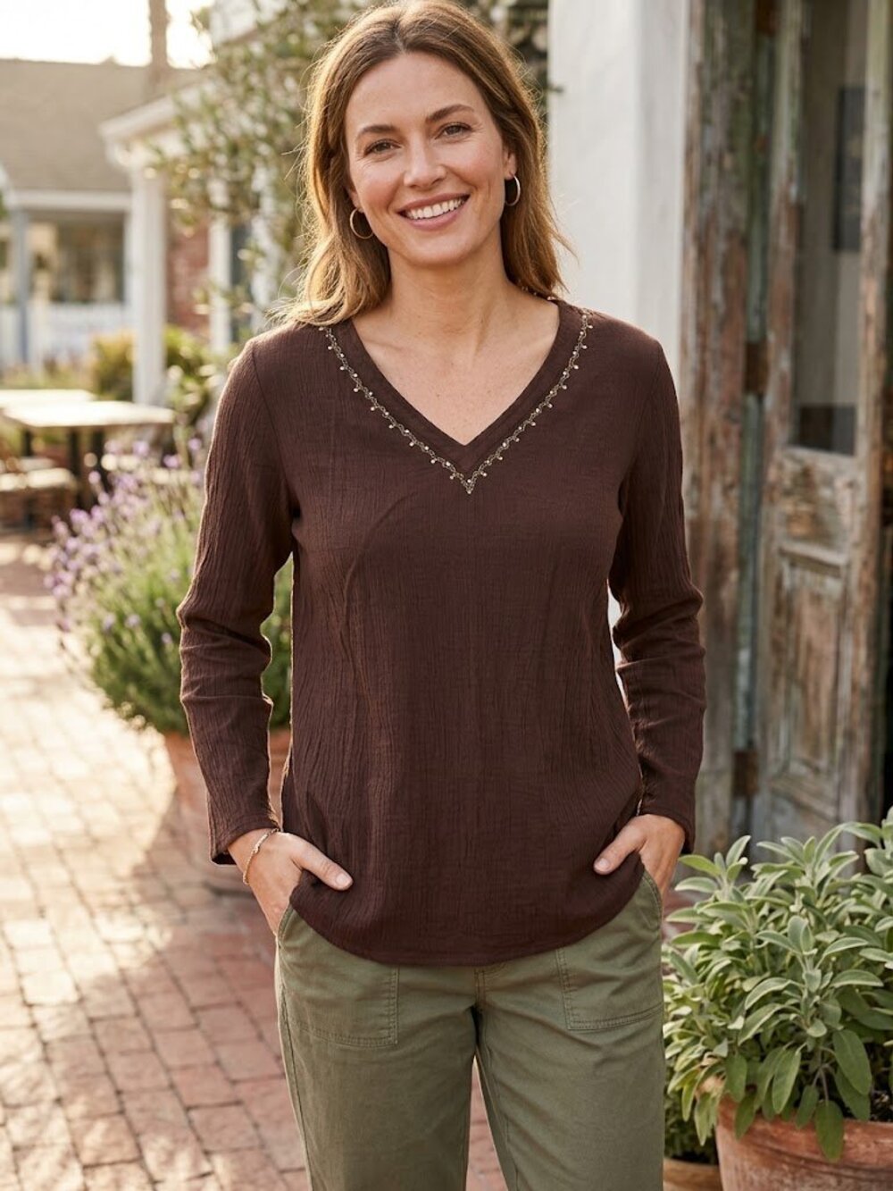 Eddie Bauer 100% Cotton Embroidered, Textured Long-Sleeve V-Neck Tunic in Brown